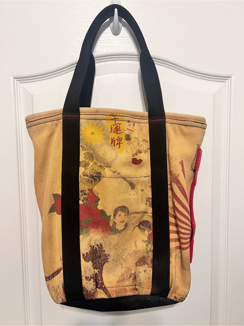 Lucky Brand Yellow Graphic Canvas Tote with Black Handles and Pink Trim